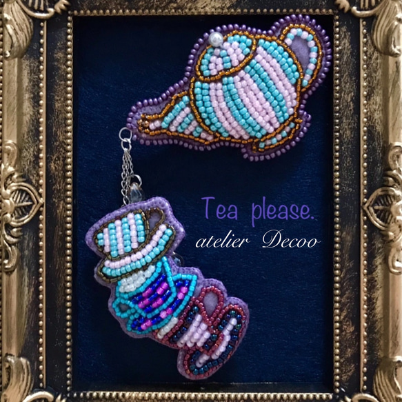 受注制作)ティーセットビーズ刺繍ブローチ(Tea please no.1