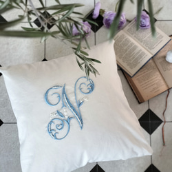 フランスアンティーク　イニシャル手刺繍　フレンチリネン　クッションカバー 限定特別価格※フランスアンティーク イニシャル手刺繍