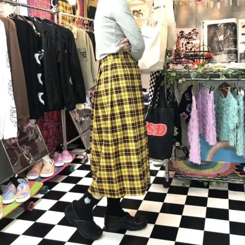 タータンチェックフレアプリーツスカート/イエロー フレアスカート
