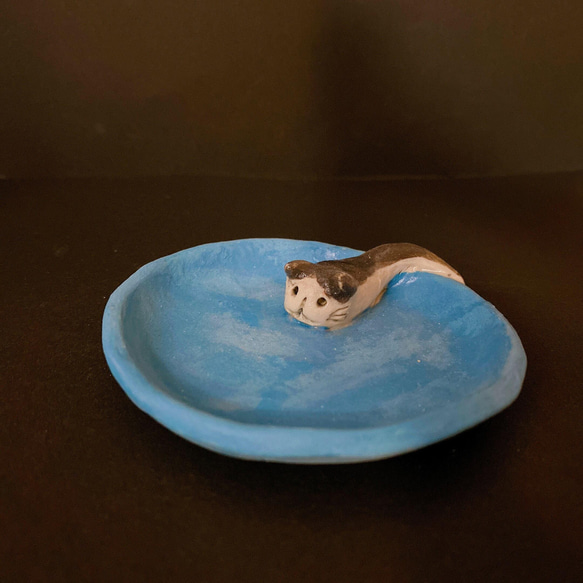 【贈送貓陶器】新光折妖怪所擁有的淡藍色豆盤 第2張的照片