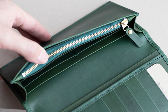 ロングウォレット　グリーン　本革　アラバスタレザー　メンズ　長財布　薄い　スタンダード　日本製　aw-12hn 8枚目の画像