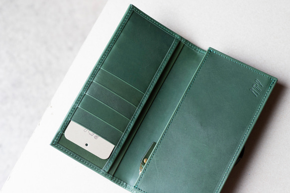ロングウォレット　グリーン　本革　アラバスタレザー　メンズ　長財布　薄い　スタンダード　日本製　aw-12hn 1枚目の画像