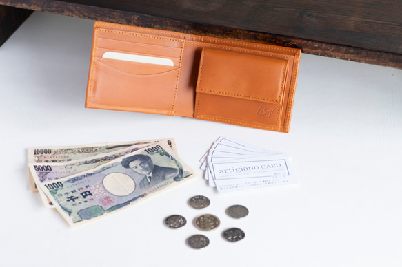ハーフウォレット　キャメル　本革　姫路産　父の日　アラバスタレザー　二つ折り財布　スリム　スタンダード　aw-14hn 