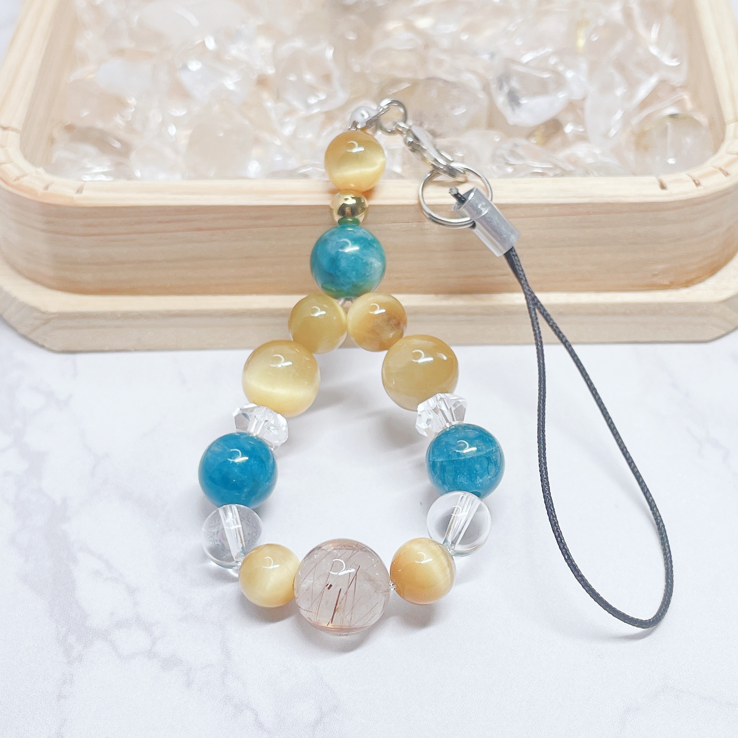 ✦【再販40点以上】お金の流れを整え 安泰へ 天然石ストラップ｜ゴールデンタイガーアイ・ルチルクォーツ No.217S