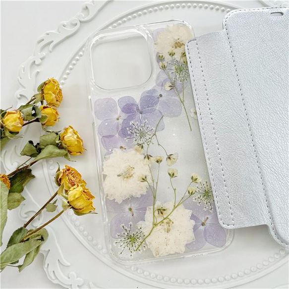 紫陽花、押し花スマホケース、全機種対応、iFace風、手帳型、iPhone15、iPhone15Pro、iPhone14 7枚目の画像