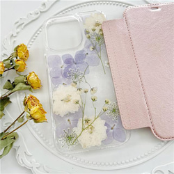 紫陽花、押し花スマホケース、全機種対応、iFace風、手帳型、iPhone15、iPhone15Pro、iPhone14 9枚目の画像