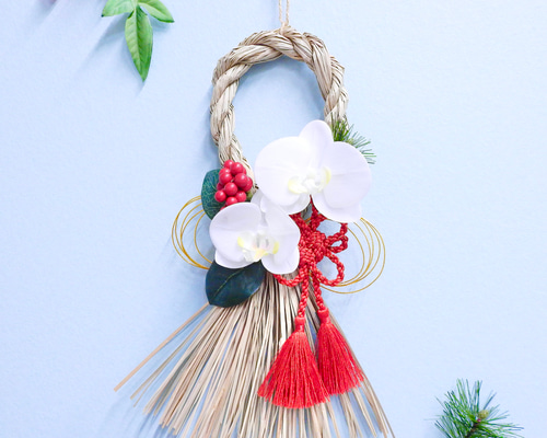 再販×3♡＊お正月飾り しめ縄 胡蝶蘭（レッドタッセル）組紐菊結び付き