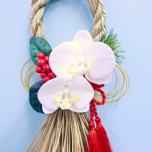 再販×3♡＊お正月飾り しめ縄 胡蝶蘭（レッドタッセル）組紐菊結び付き