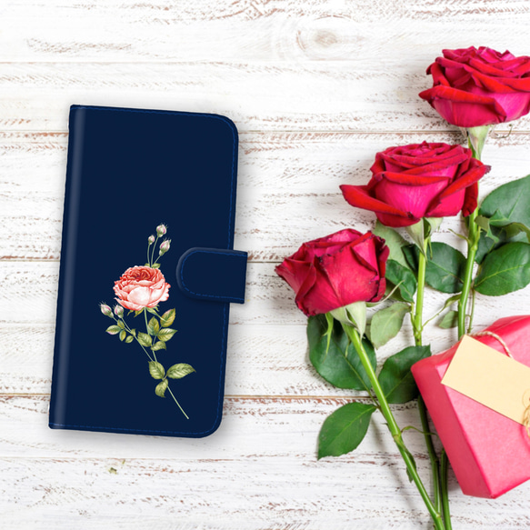 『一輪のバラ ミッドナイトブルー』iPhone/android 多機種対応 スマホケース 手帳型 薔薇 花柄 青 藍色 1枚目の画像