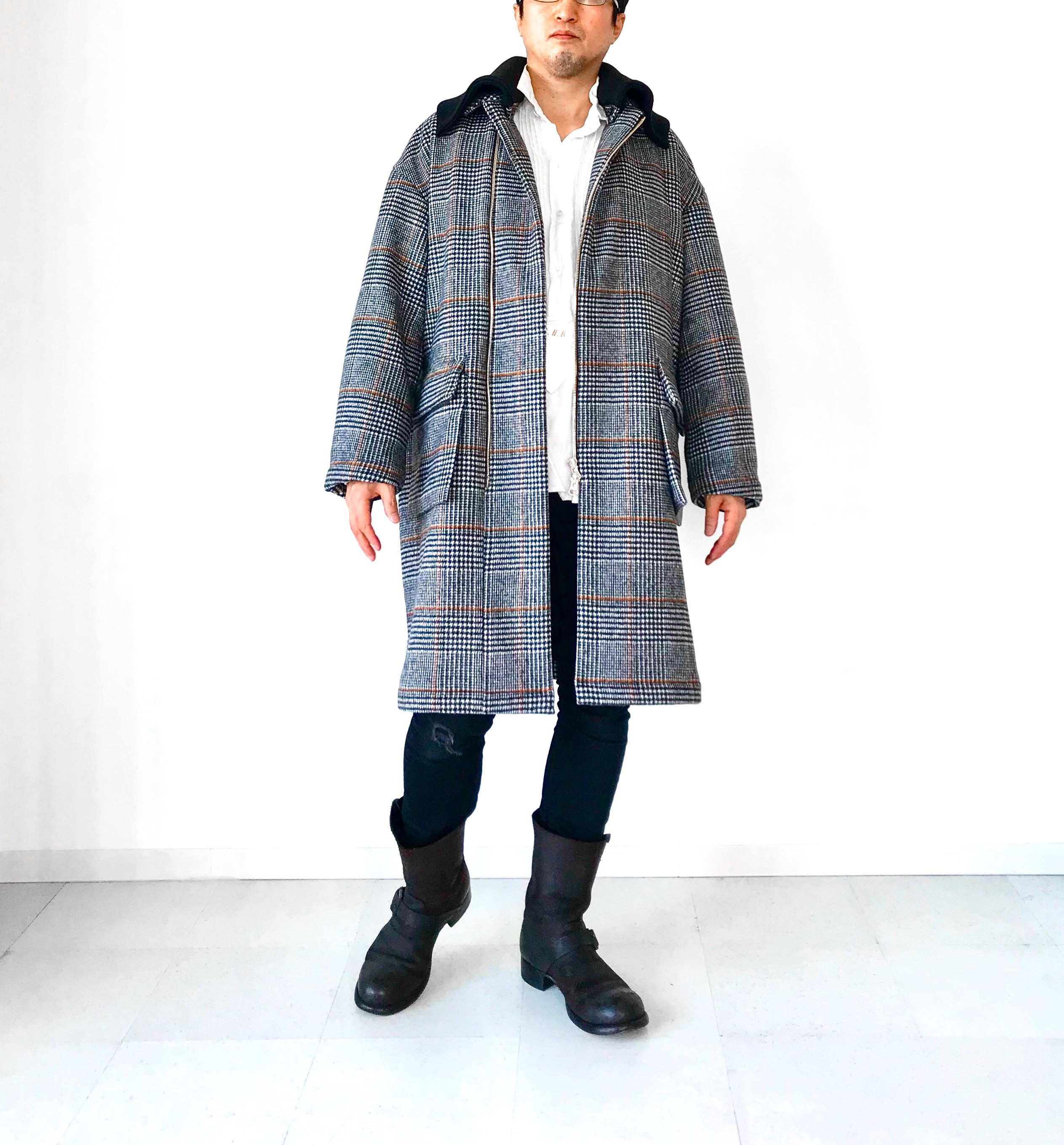 メンズ【men's】 イタリアPRATO産ウール素材　グレンチェック二重織リバー コート　コクーンビッグシルエット