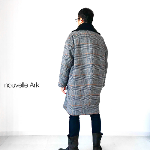 レリアン◎美品！ハーフコート(9)ウール シルクブレンド ゆったり イタリア生地 メンズ【men's】 イタリアPRATO産ウール素材 グレンチェック二重織