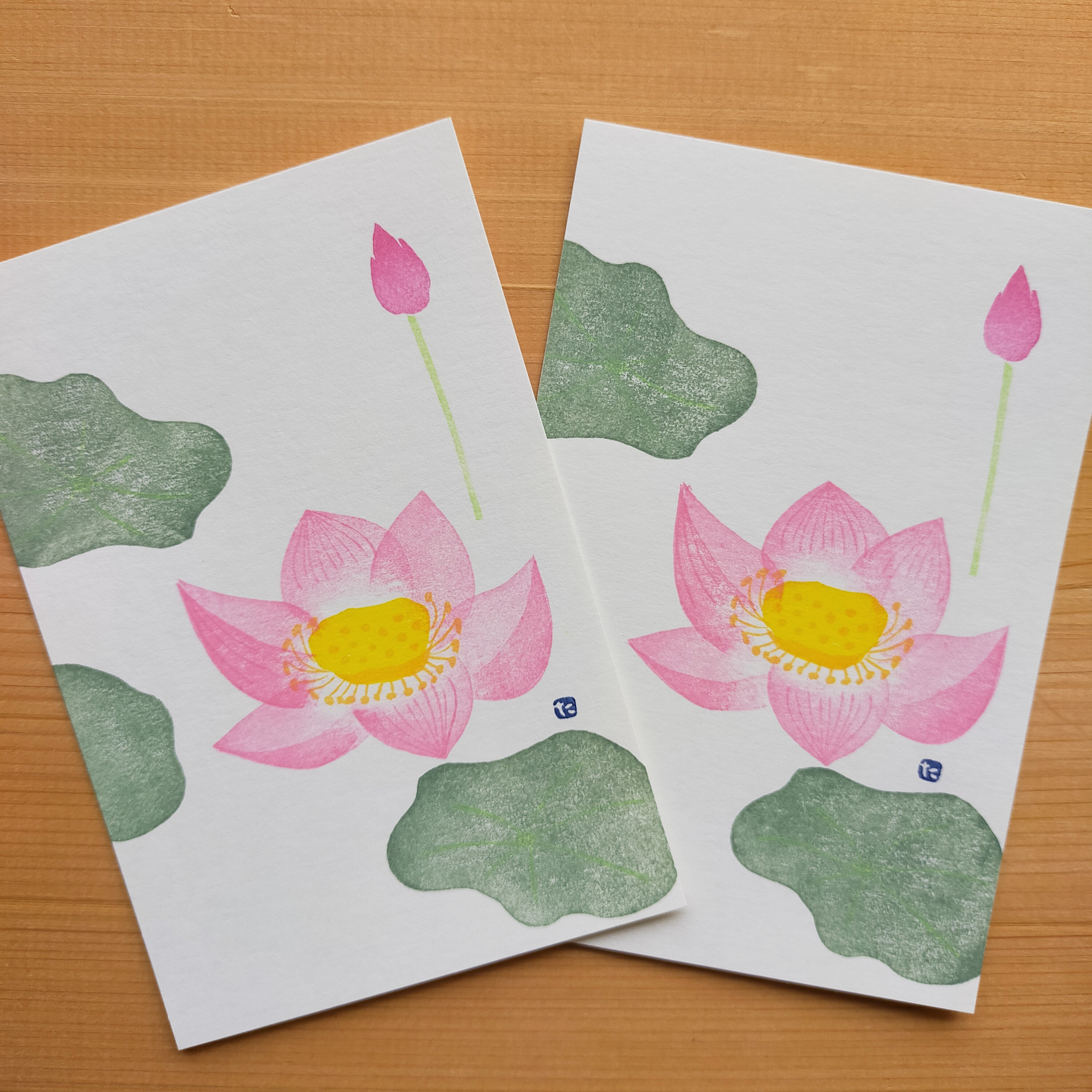 no.60『ハス』・季節の草花で彩る手捺し原画ポストカード（2枚入り 