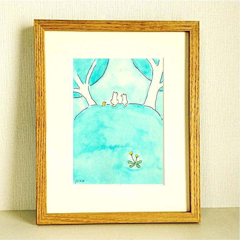 【オーダーメイド可】「丘の上で」原画 イラスト ※木製額縁入り（インチサイズ）犬の絵・水彩画・インテリアアート