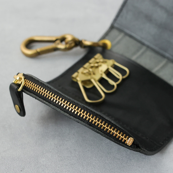 送料無料 栃木レザー クロコ 型押し 日本製 カラビナ 付き キーケース コインケース PAOLO ブラック 黒 本革 7枚目の画像