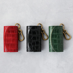 送料無料 栃木レザー クロコ 型押し 日本製 カラビナ 付き キーケース コインケース PAOLO ブラック 黒 本革 4枚目の画像