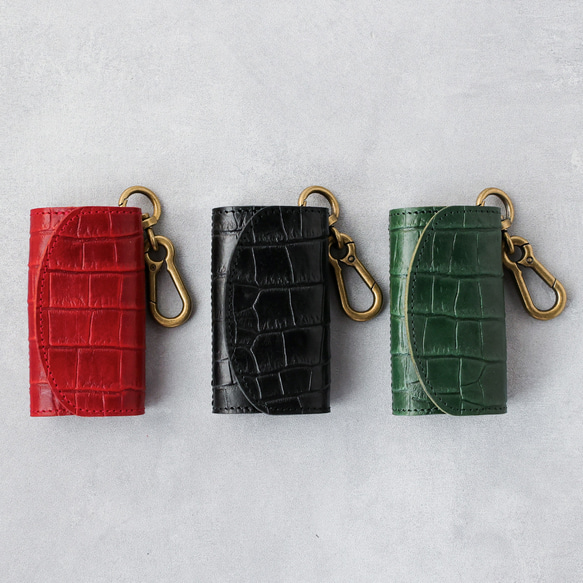 送料無料 栃木レザー クロコ 型押し 日本製 カラビナ 付き キーケース コインケース PAOLO ブラック 黒 本革 4枚目の画像