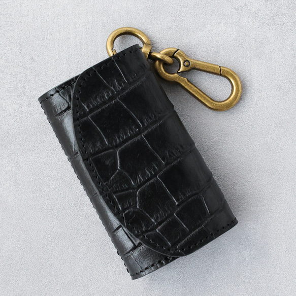 送料無料 栃木レザー クロコ 型押し 日本製 カラビナ 付き キーケース コインケース PAOLO ブラック 黒 本革 9枚目の画像