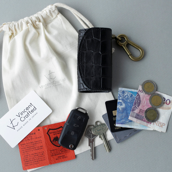 送料無料 栃木レザー クロコ 型押し 日本製 カラビナ 付き キーケース コインケース PAOLO ブラック 黒 本革 8枚目の画像