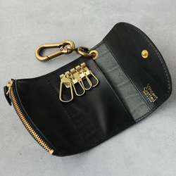 送料無料 栃木レザー クロコ 型押し 日本製 カラビナ 付き キーケース コインケース PAOLO ブラック 黒 本革 6枚目の画像