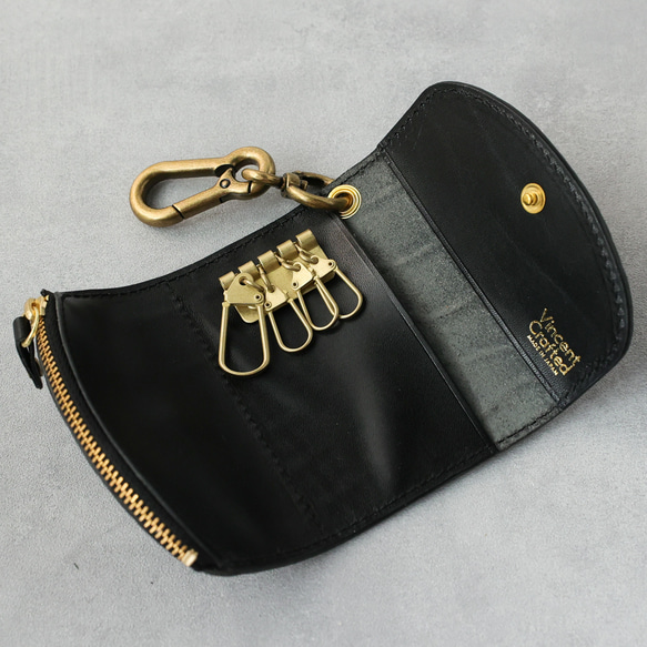 送料無料 栃木レザー クロコ 型押し 日本製 カラビナ 付き キーケース コインケース PAOLO ブラック 黒 本革 6枚目の画像