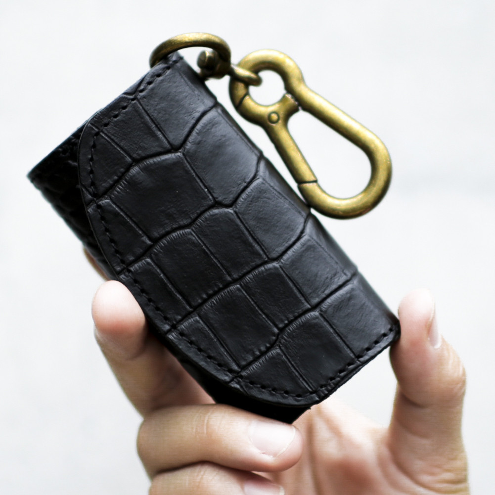 送料無料 栃木レザー クロコ 型押し 日本製 カラビナ 付き キーケース コインケース PAOLO ブラック 黒 本革