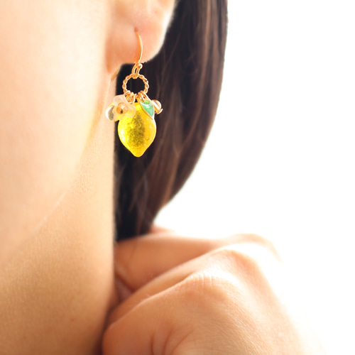 ガラスのレモン ピアス【イヤリング/金属アレルギー対応】春夏