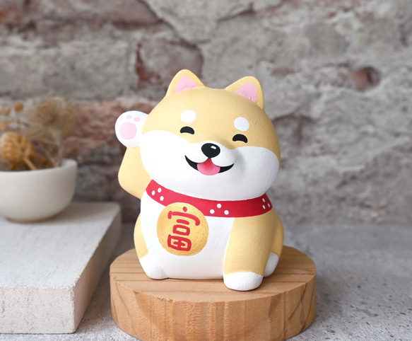 Gou Laifu ラッキー柴犬名刺ホルダーライトカラー手作り木製柴犬装飾癒しの小さな木彫り人形 3枚目の画像