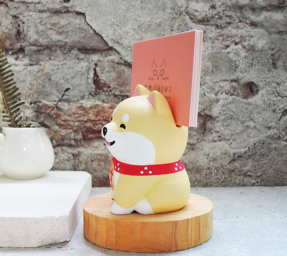 Gou Laifu ラッキー柴犬名刺ホルダーライトカラー手作り木製柴犬装飾癒しの小さな木彫り人形 2枚目の画像