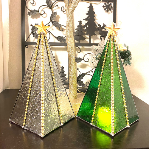 ♢ガラスのクリスマスツリー♢クリアM♢ステンドグラス スタンドライト
