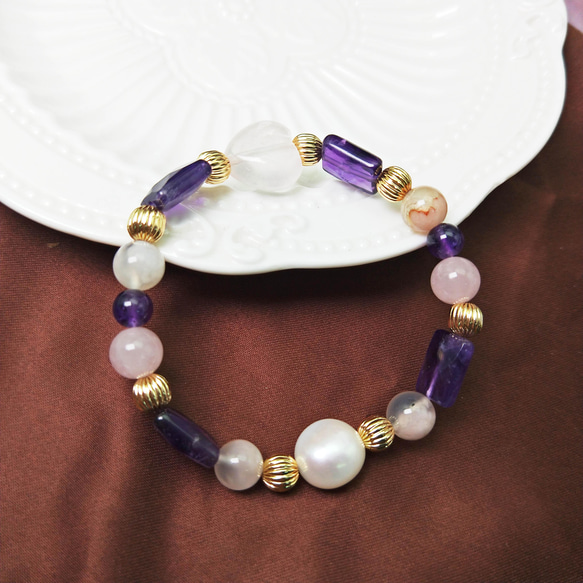 BR42《紫水晶》〈紫晶花園〉櫻花瑪瑙粉晶紫晶淡水珍珠手鍊  彈性手練 第10張的照片