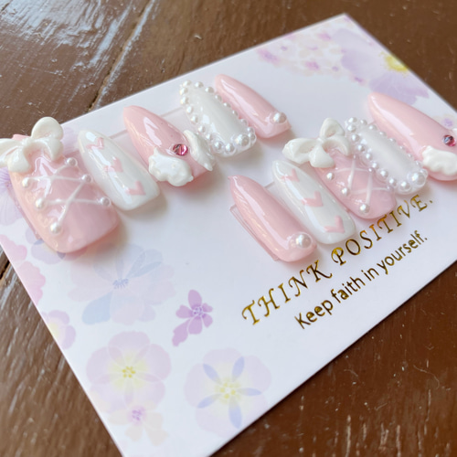 量産型 ガーリー リボン ネイルチップ ハート ピンク 白 ネイルチップ