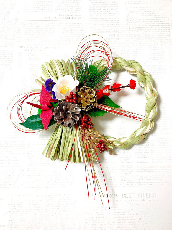 特別価格＊しめ縄に寒白椿、梅と松と折鶴の祝正月飾り しめ縄