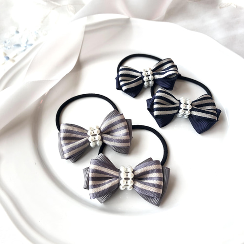 再々..販♡2個セット☆ストライプのキッズリボンヘアゴム（gray、navy  