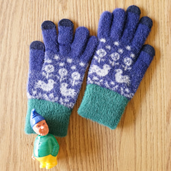 スマホ対応手袋 高感度 ふわふわ あったか fluffy gloves 小鳥 ネイビー 172003 防寒 1枚目の画像