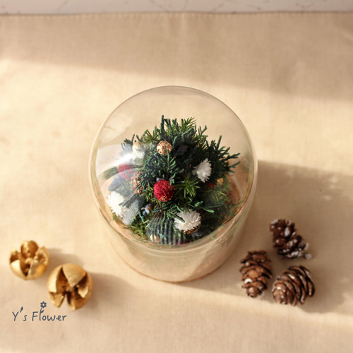 ガラスドームのクリスマスアレンジ（ツリー） プリザーブドフラワー