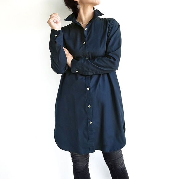 ロングシャツ（ネイビー）ーコットンポプリン 1枚目の画像