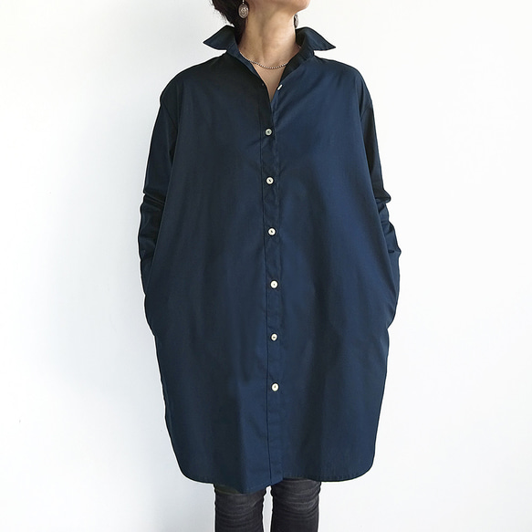 ロングシャツ（ネイビー）ーコットンポプリン 3枚目の画像