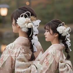 純白のしらべ・成人式・卒業式】しなやかリボンと白金の髪飾りセット