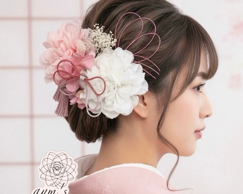 大人気♡振袖 成人式用髪飾り ピンク＆ホワイト 卒業式 和装 和風 着物