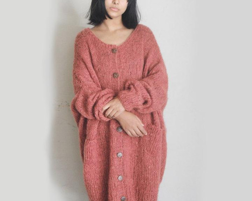 再入荷】つつむ 手編みモヘアロングカーディガン○サーモン