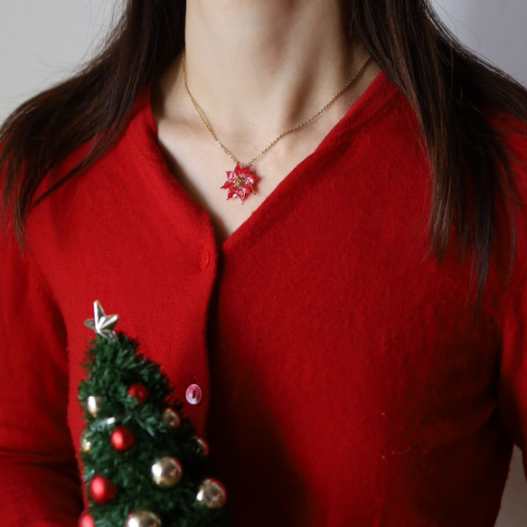 【節日禮盒】聖誕禮盒一品紅耳環/耳環項鍊套裝 第3張的照片