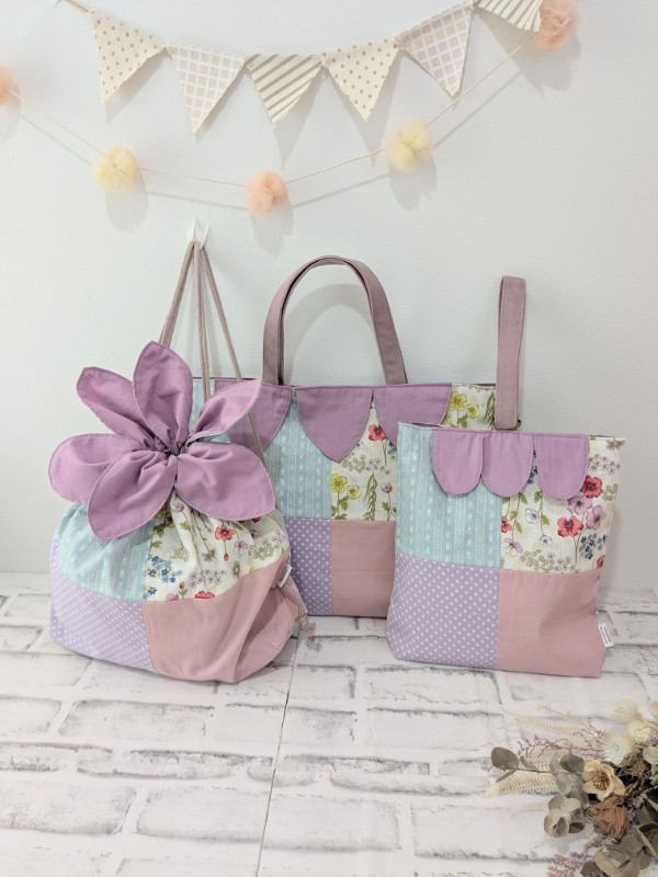 【受注生産 】入園入学/3点セット 花びらのレッスンバッグセット/女の子/花びらのナップサック