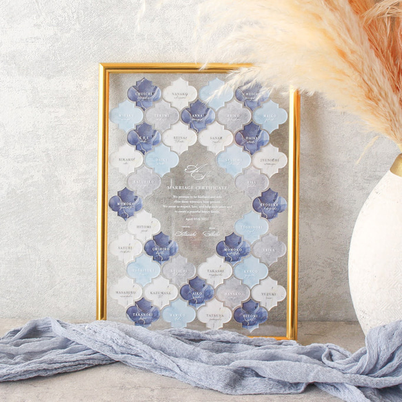 モロッカンタイル風 ゲスト参加型 アクリル結婚証明書 【A4・B4・A3サイズ / 10〜102名様まで】 オプションより選択 A4