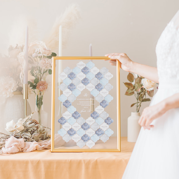 モロッカンタイル風 ゲスト参加型 アクリル結婚証明書 【A4・B4・A3サイズ / 10〜102名様まで】 オプションより選択 A4