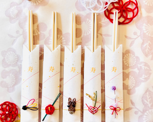 干支の午と縁起物モチーフの水引箸袋5膳セット 箸・箸置き tomoemon