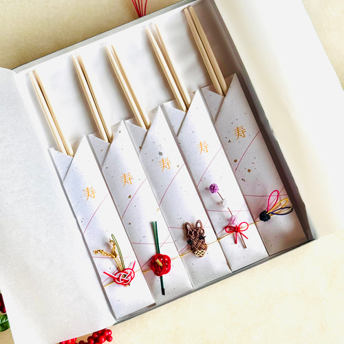 干支の午と縁起物モチーフの水引箸袋5膳セット 箸・箸置き tomoemon