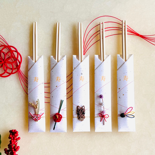 干支の午と縁起物モチーフの水引箸袋5膳セット 箸・箸置き tomoemon