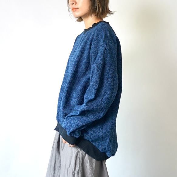 Sashiko 梭織圓形運動衫/亞麻圖案靛藍/三河棉 第3張的照片