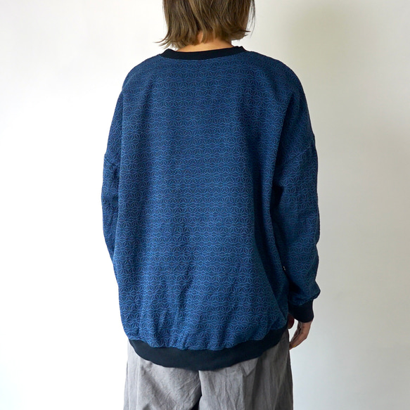 Sashiko 梭織圓形運動衫/亞麻圖案靛藍/三河棉 第4張的照片