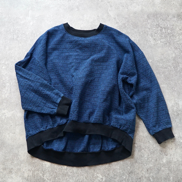 Sashiko 梭織圓形運動衫/亞麻圖案靛藍/三河棉 第1張的照片